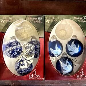 Vintage Krebs Lot of 6 Glitter Hand Painted Doves Blue Glass Ball Ornaments